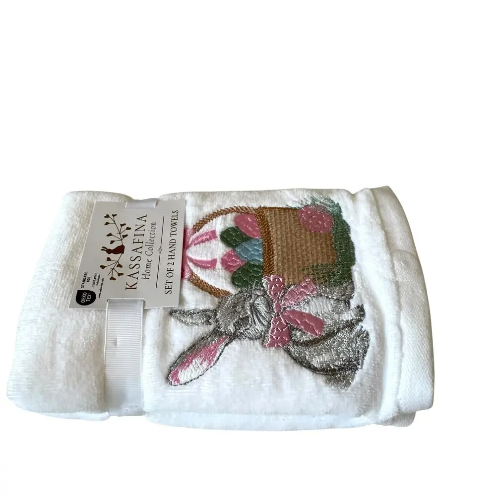 NEW Kassafina 2 Pk Plush Hand Towels Embroidered Spring Easter Bunny Eggs Basket